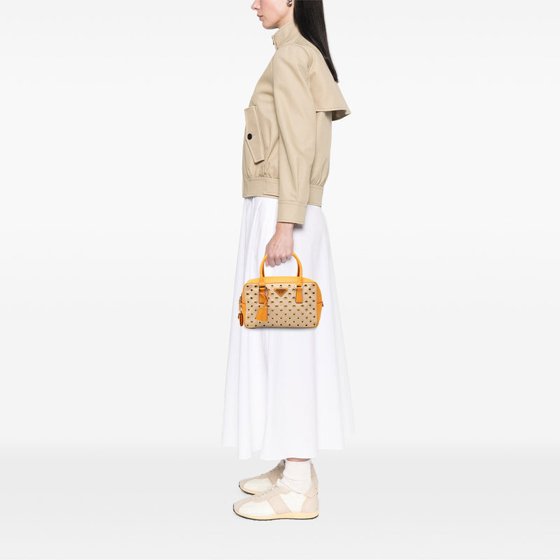 Small Saffiano Trimmed Canvas Grommet Bauletto Bag - Image 7