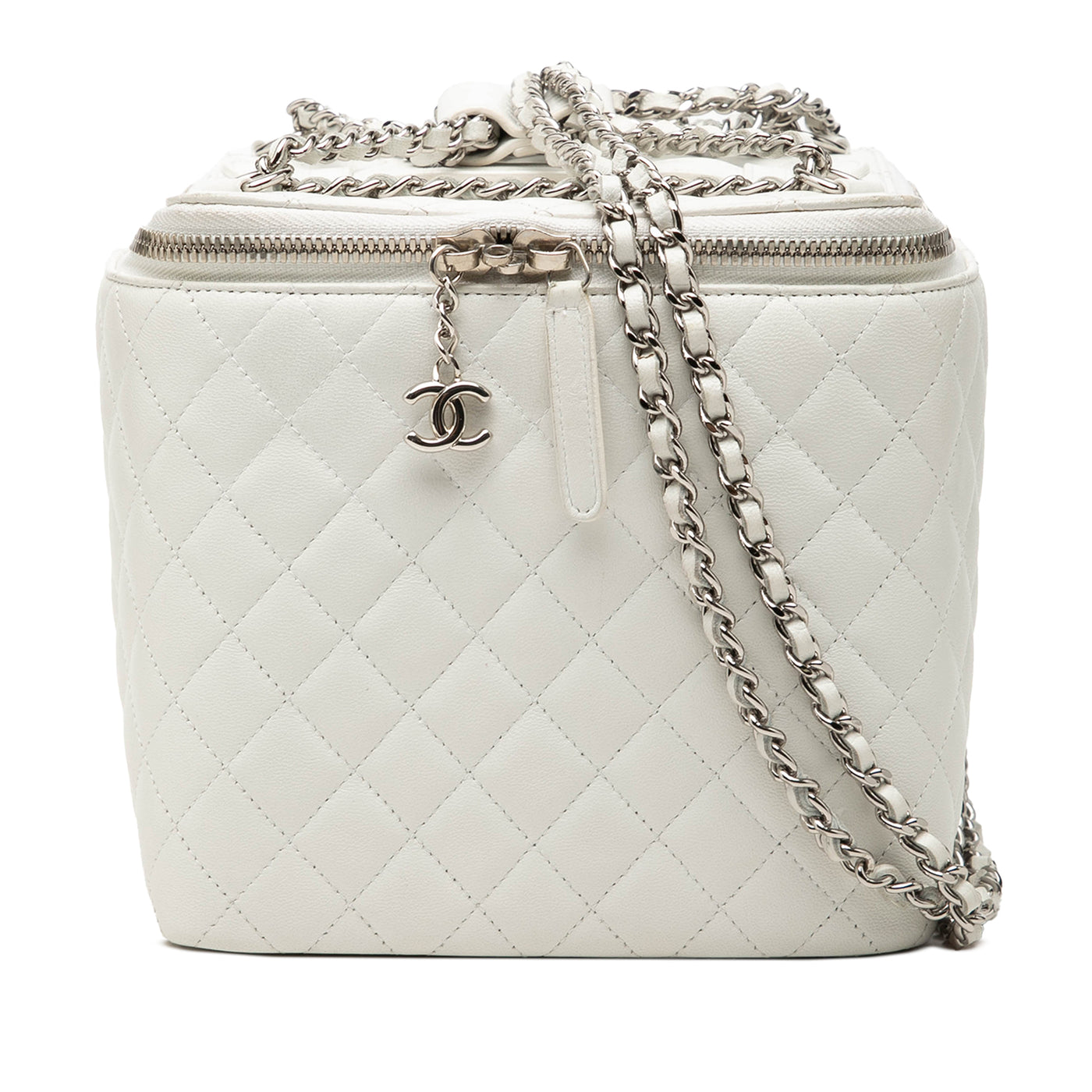 Large Quilted Lambskin Top Handle Jewelry Box With Chain - Image 1