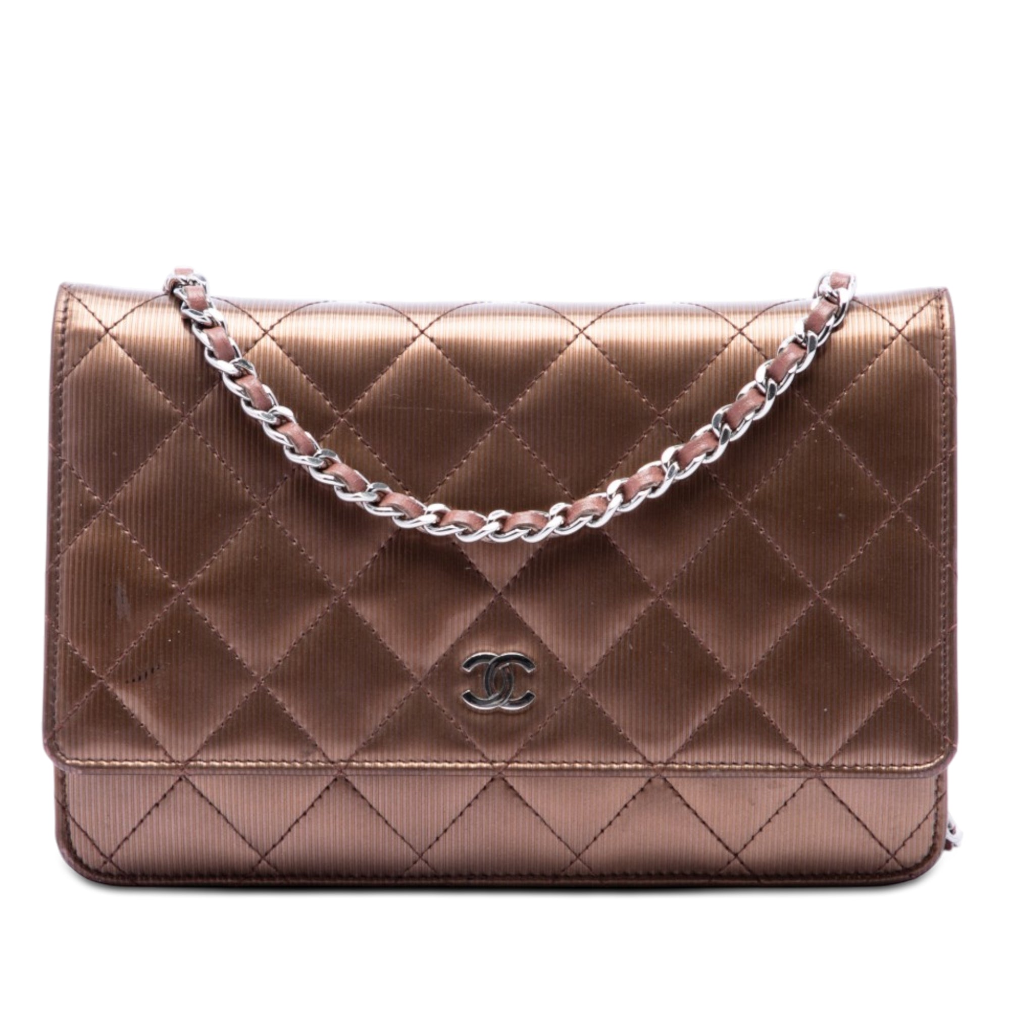 CC Quilted Striated Metallic Patent Wallet on Chain - Image 1