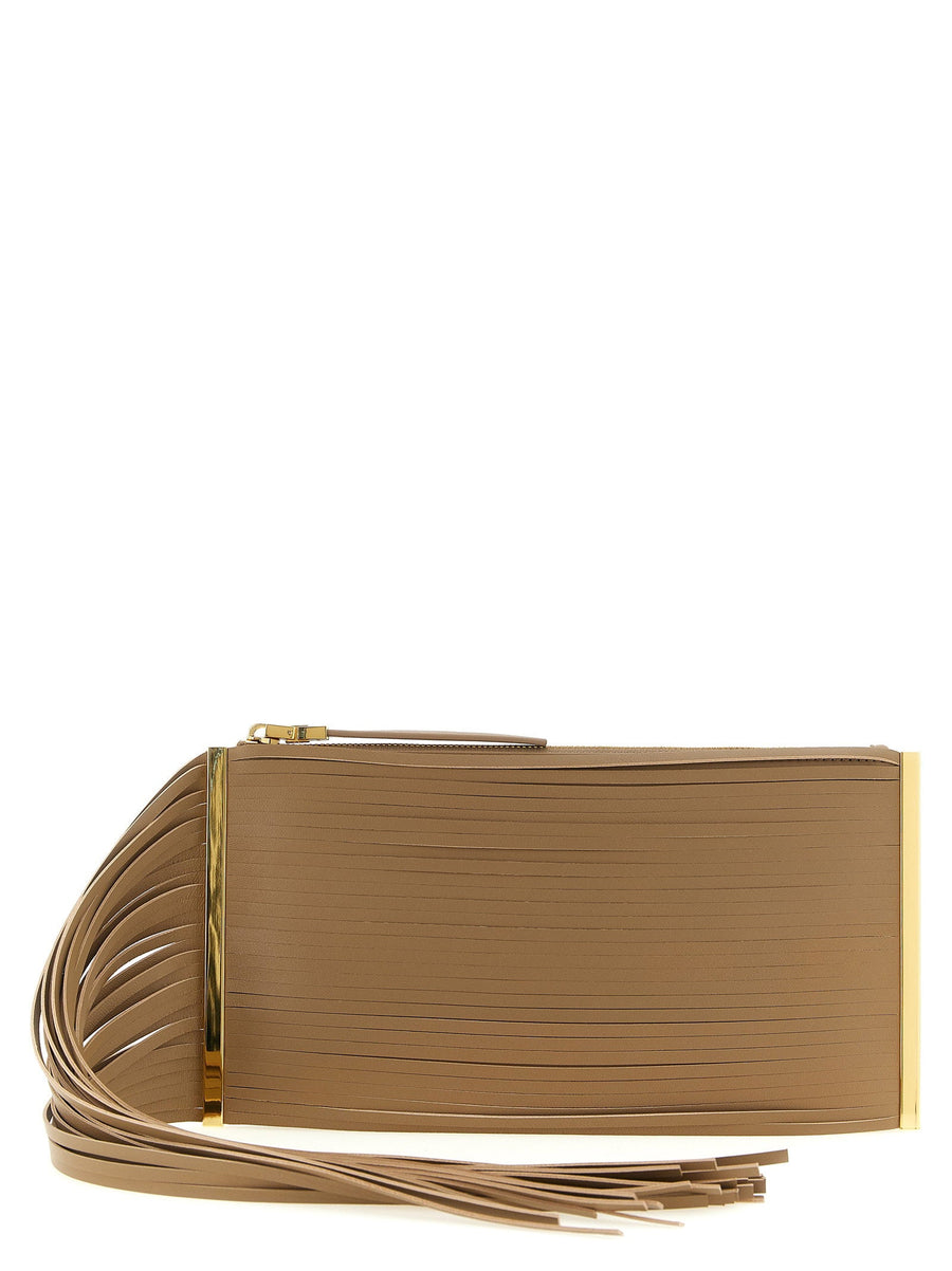 Elisabetta Franchi Fringed Leather Clutch — Camel