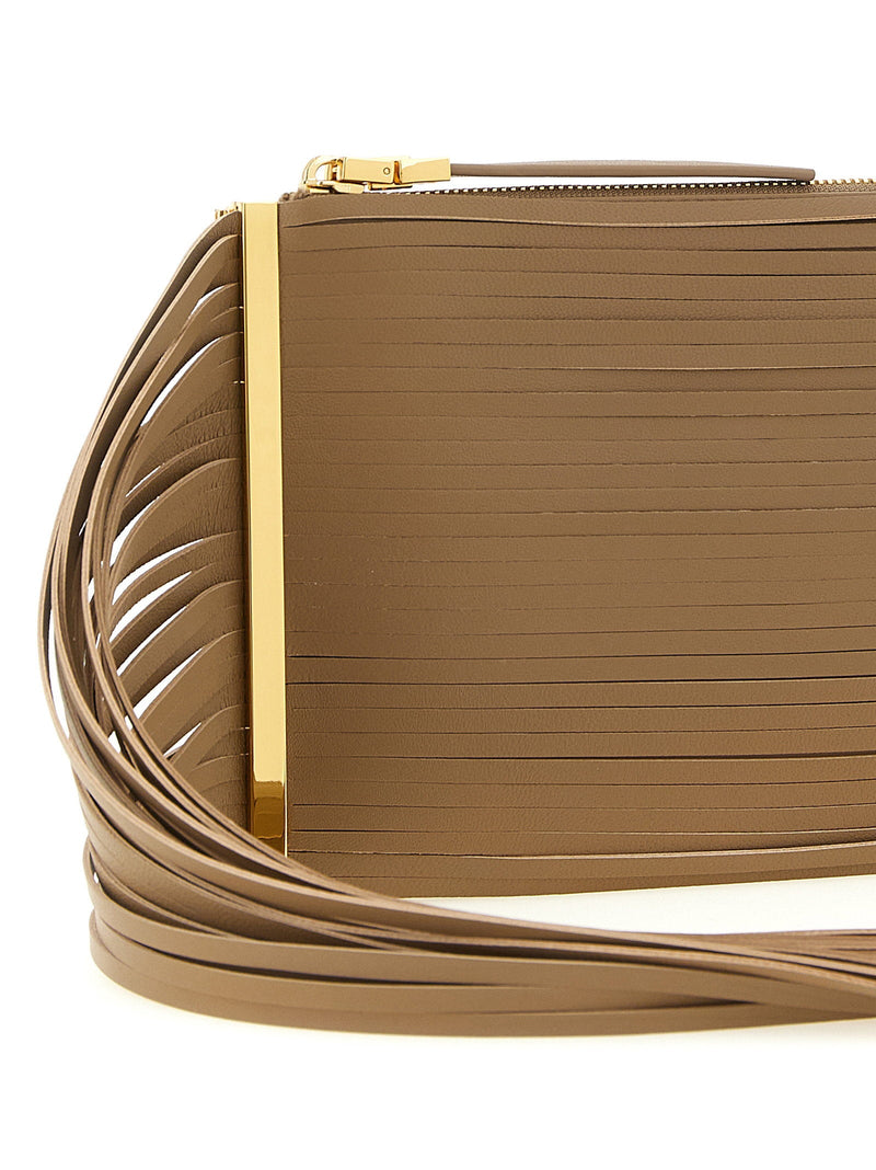 Elisabetta Franchi Fringed Leather Clutch — Camel