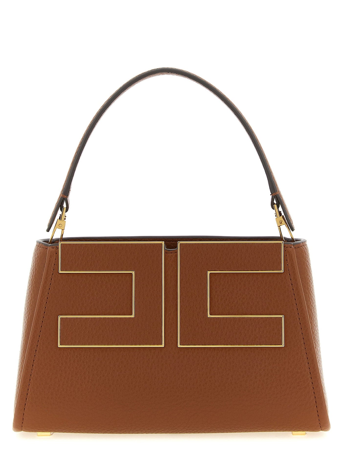 Elisabetta Franchi Gold-Logo Hammered Leather Top Handle Bag — Brown