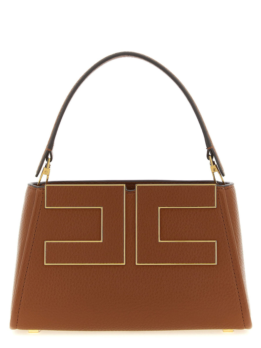 Elisabetta Franchi Gold-Logo Hammered Leather Top Handle Bag — Brown