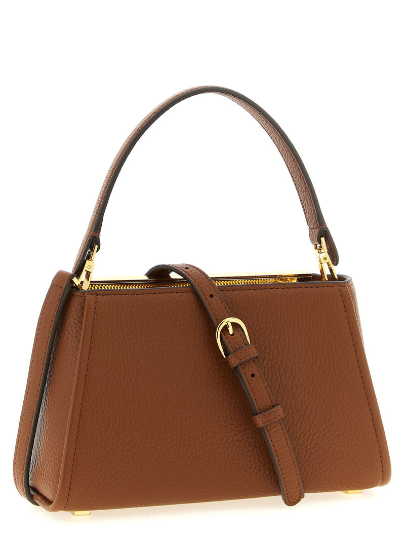 Elisabetta Franchi Gold-Logo Hammered Leather Top Handle Bag — Brown