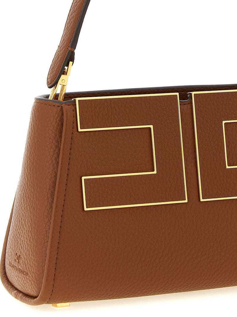 Elisabetta Franchi Gold-Logo Hammered Leather Top Handle Bag — Brown