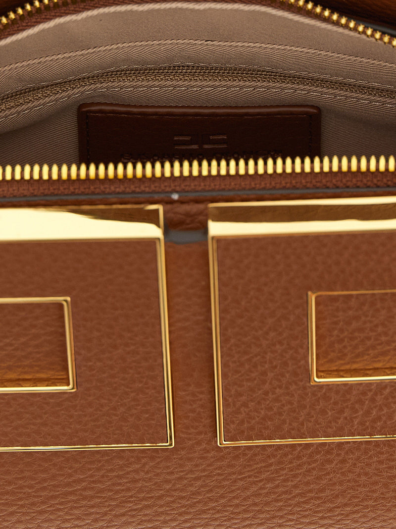 Elisabetta Franchi Gold-Logo Hammered Leather Top Handle Bag — Brown