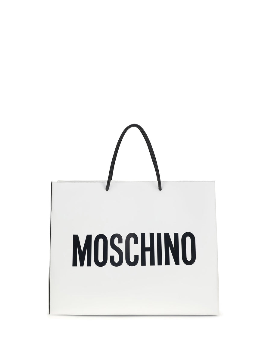 Moschino Logo-Print Calf Leather Shoulder Bag — White Bos Taurus
