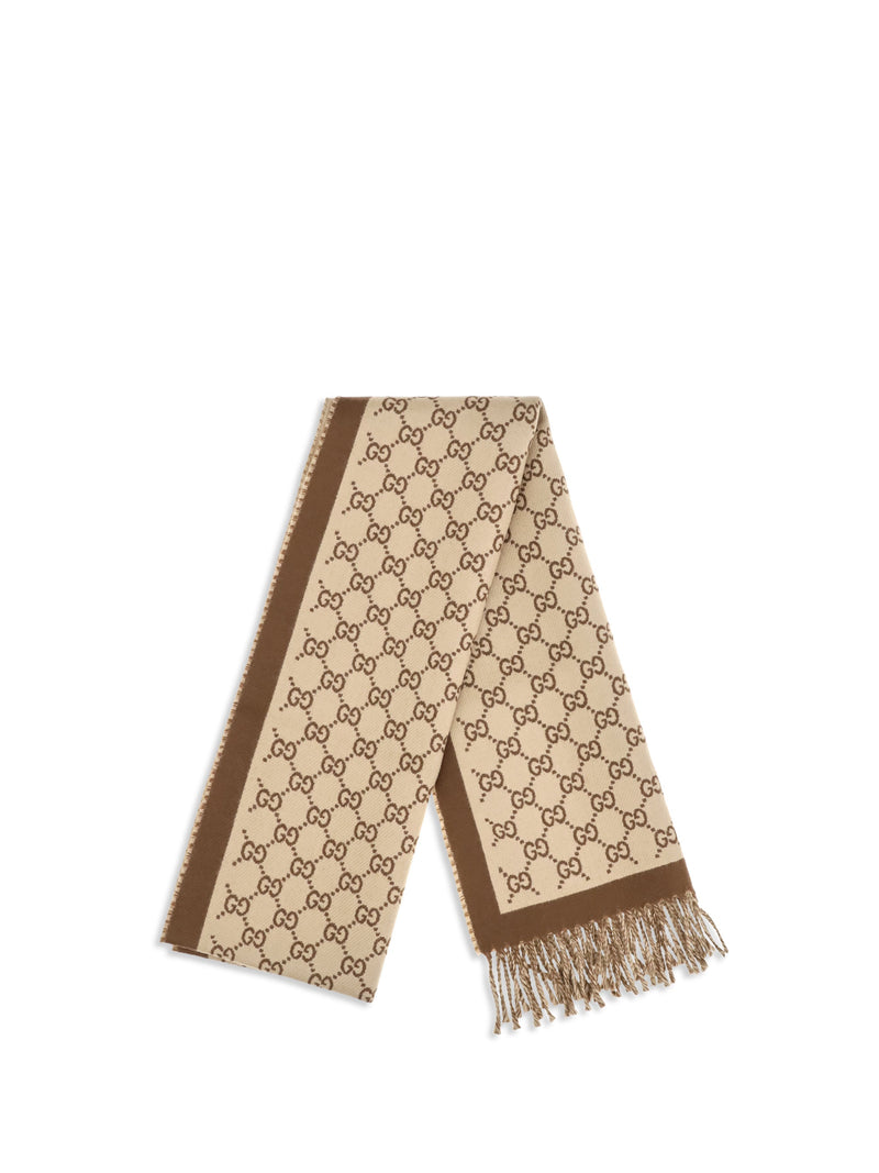 Gucci Gg All-Over Wool Scarf — Camel Merino Ovis Aries Scarfs