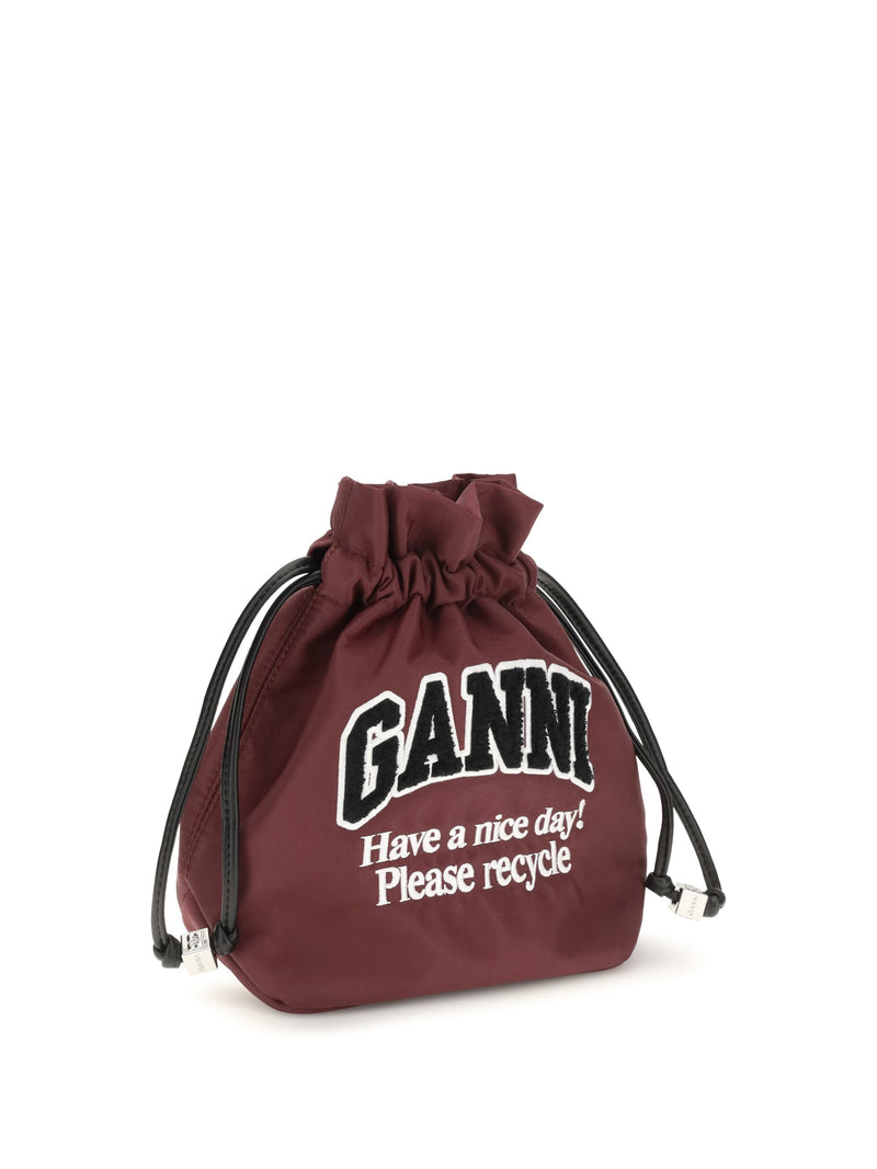 Ganni Nylon Drawstring Pouch Mini Bag — Burgundy
