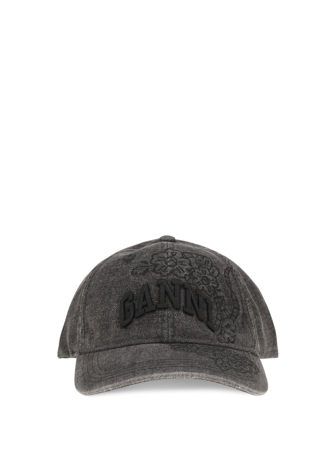 Ganni B3020214 Embroidered Denim Baseball Cap — Black Recycled Polyester; Cotton Caps