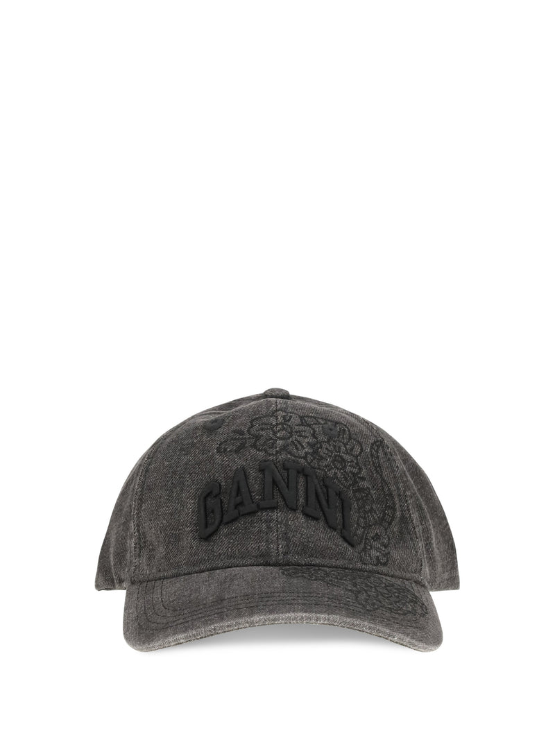 Ganni B3020214 Embroidered Denim Baseball Cap — Black Recycled Polyester Caps