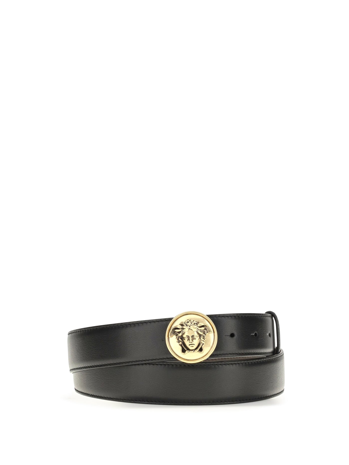 Versace Medusa Buckle Leather Belt — Black Black/gold Calf Bos Taurus