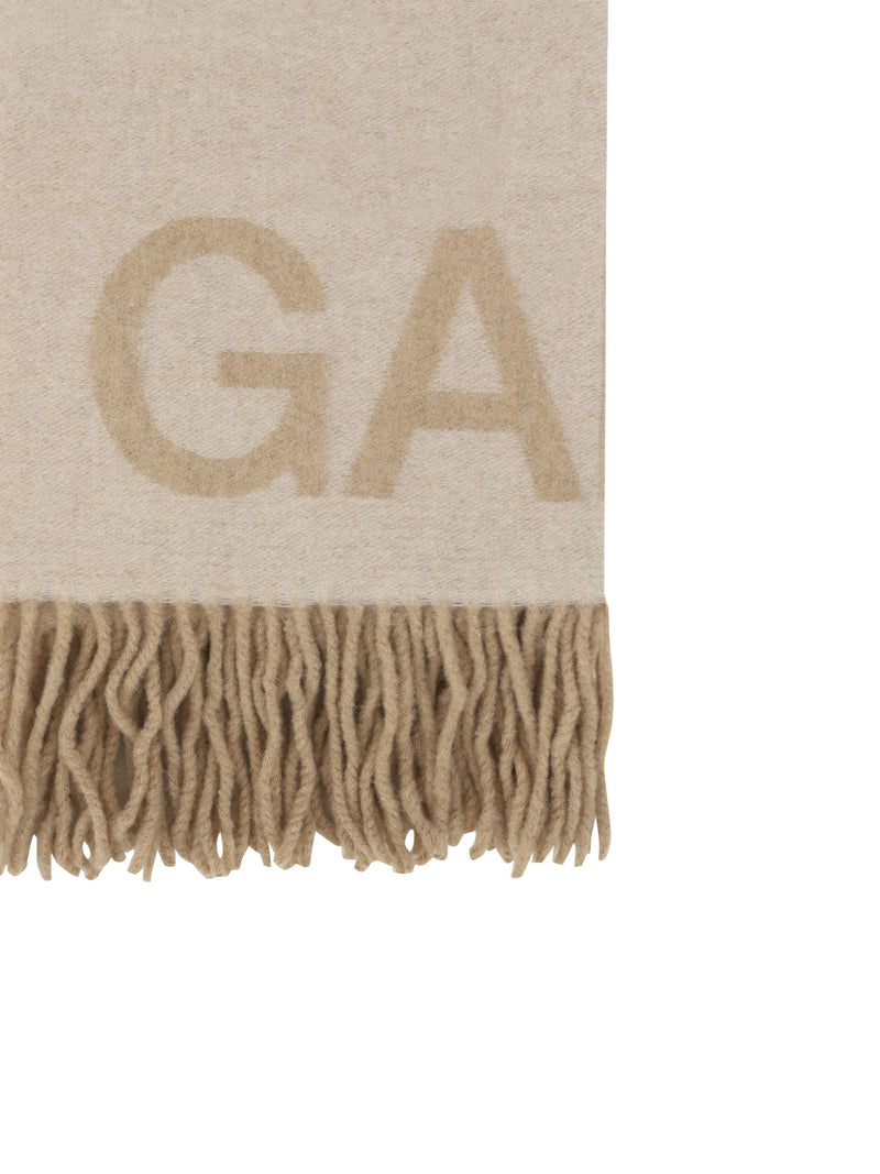 Ganni Logo-Embroidered Wool Scarf — Beige Scarfs