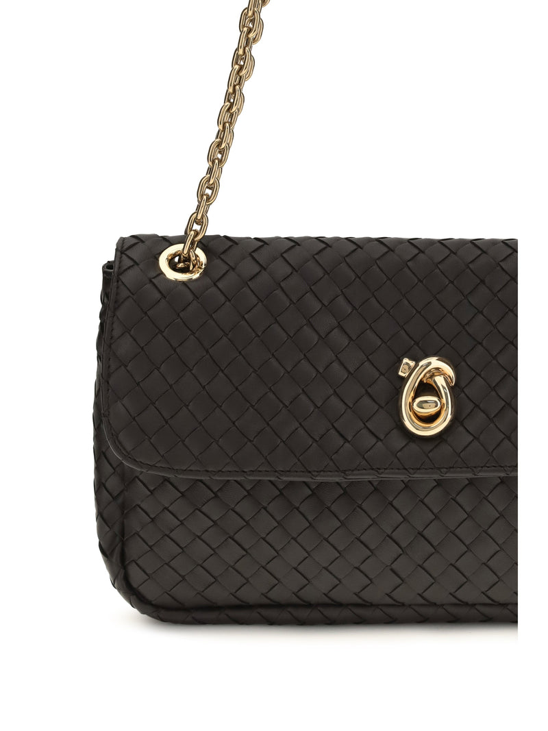 Bottega Veneta Intreccio Shoulder Bag — Black Calf Leather