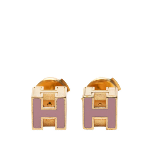 Gold Plated Enamel Cage dH Cube Push Back Earrings - Image 1
