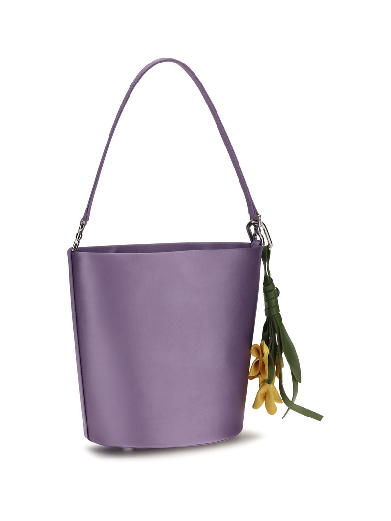 Self-Portrait Satin With Removable Bow Charm Bucket Bag — Purple Polyester