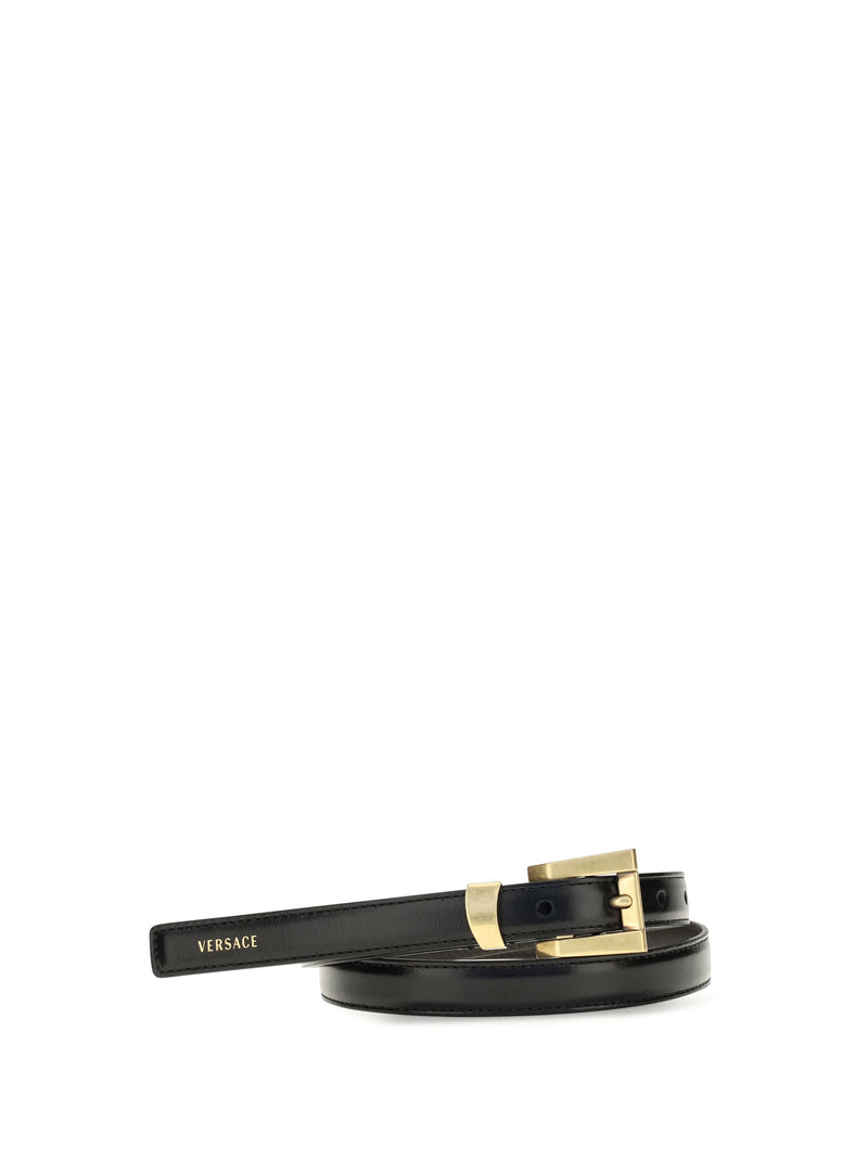 Versace Glossy Leather Logo Print Belt — Black Calf