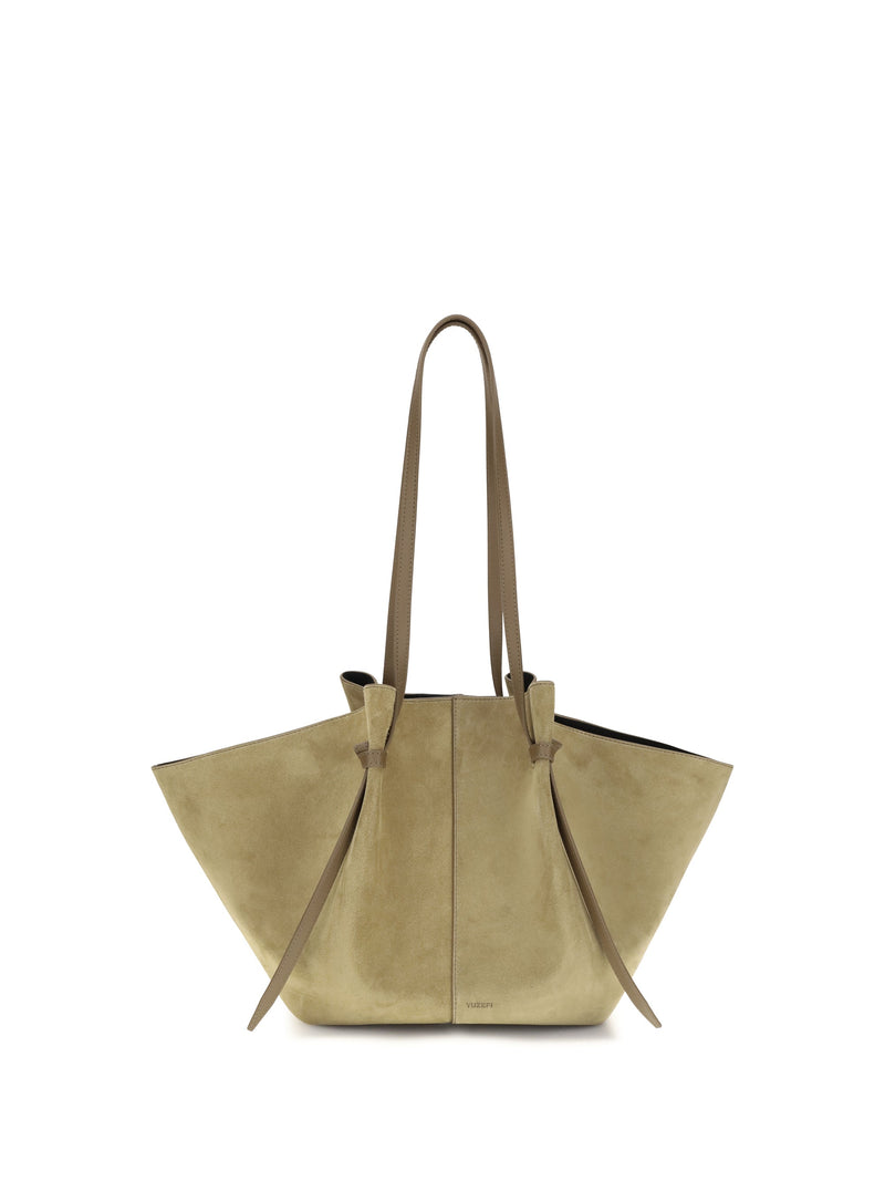 Yuzefi Sculptural Suede Shoulder Bag — Beige Calf Leather