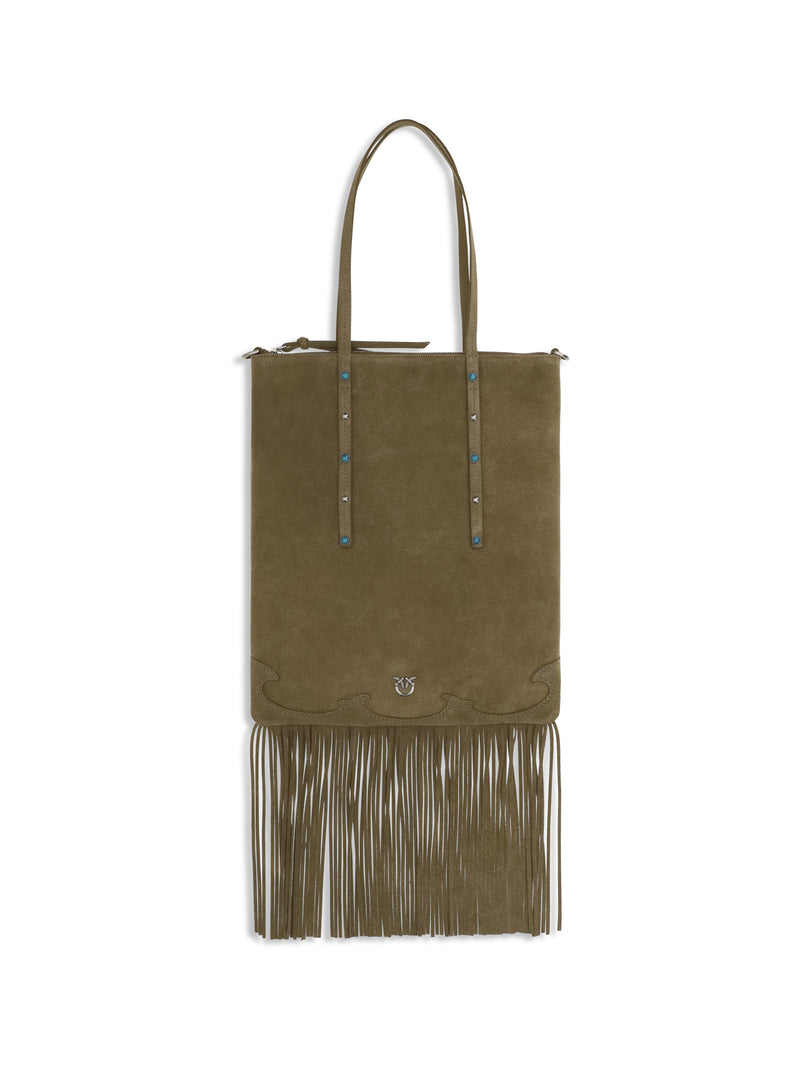 Pinko Studded Suede Shoulder Bag — Green Calf Leather