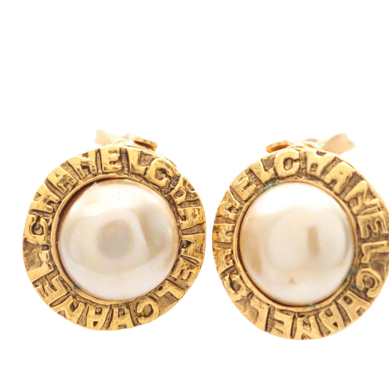Gold Plated Faux Pearl Logo Clip On Earrings - Image 3