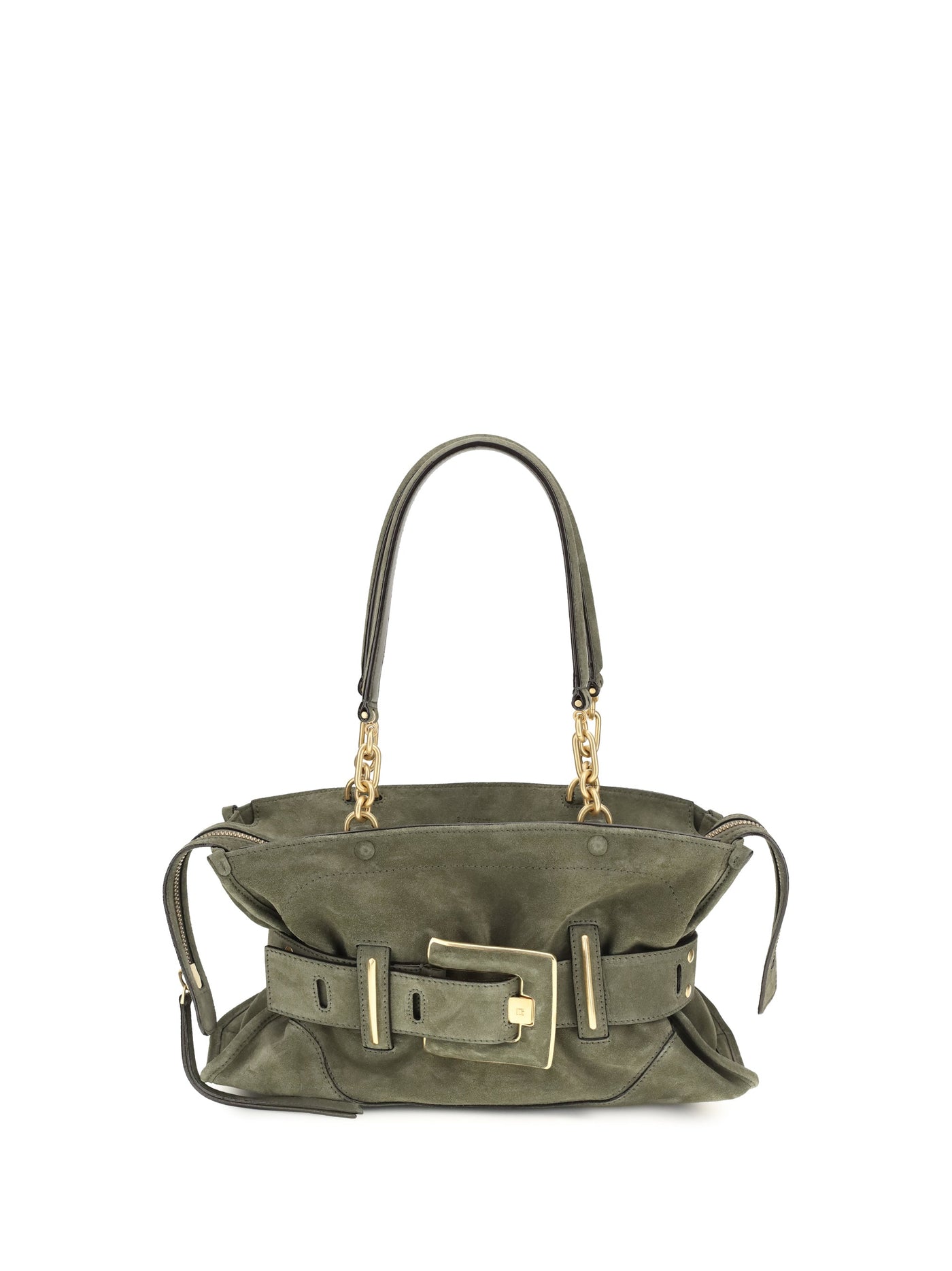 Balmain Anthem Shoulder Bag — Green Calf Suede