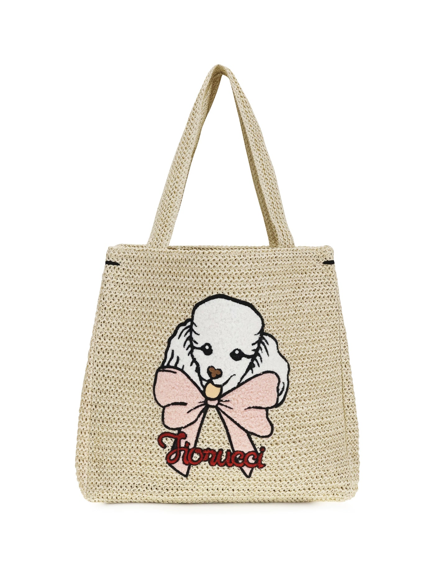 Fiorucci Poodle-Embroidered Raffia Tote Bag — Beige Paper; Cotton