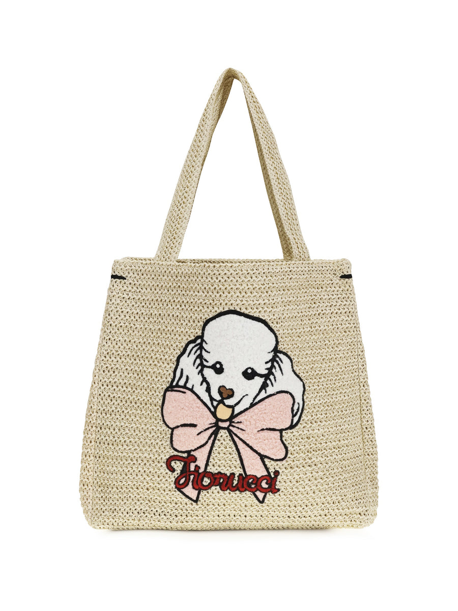 Fiorucci Poodle-Embroidered Raffia Tote Bag — Beige Paper; Cotton
