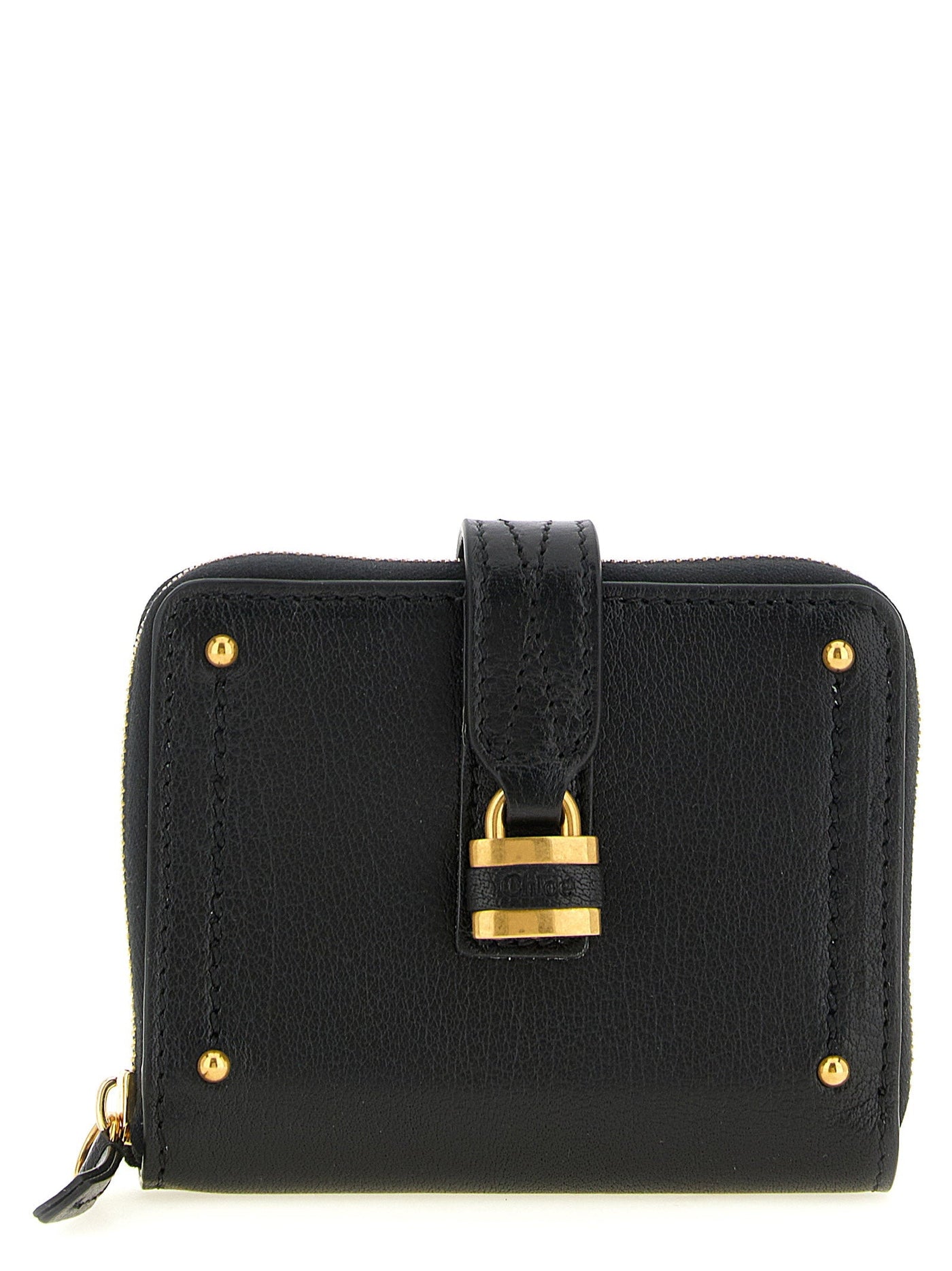 Chloé Gold Padlock-Embellished Leather Wallet — Black Garnet Buffalo