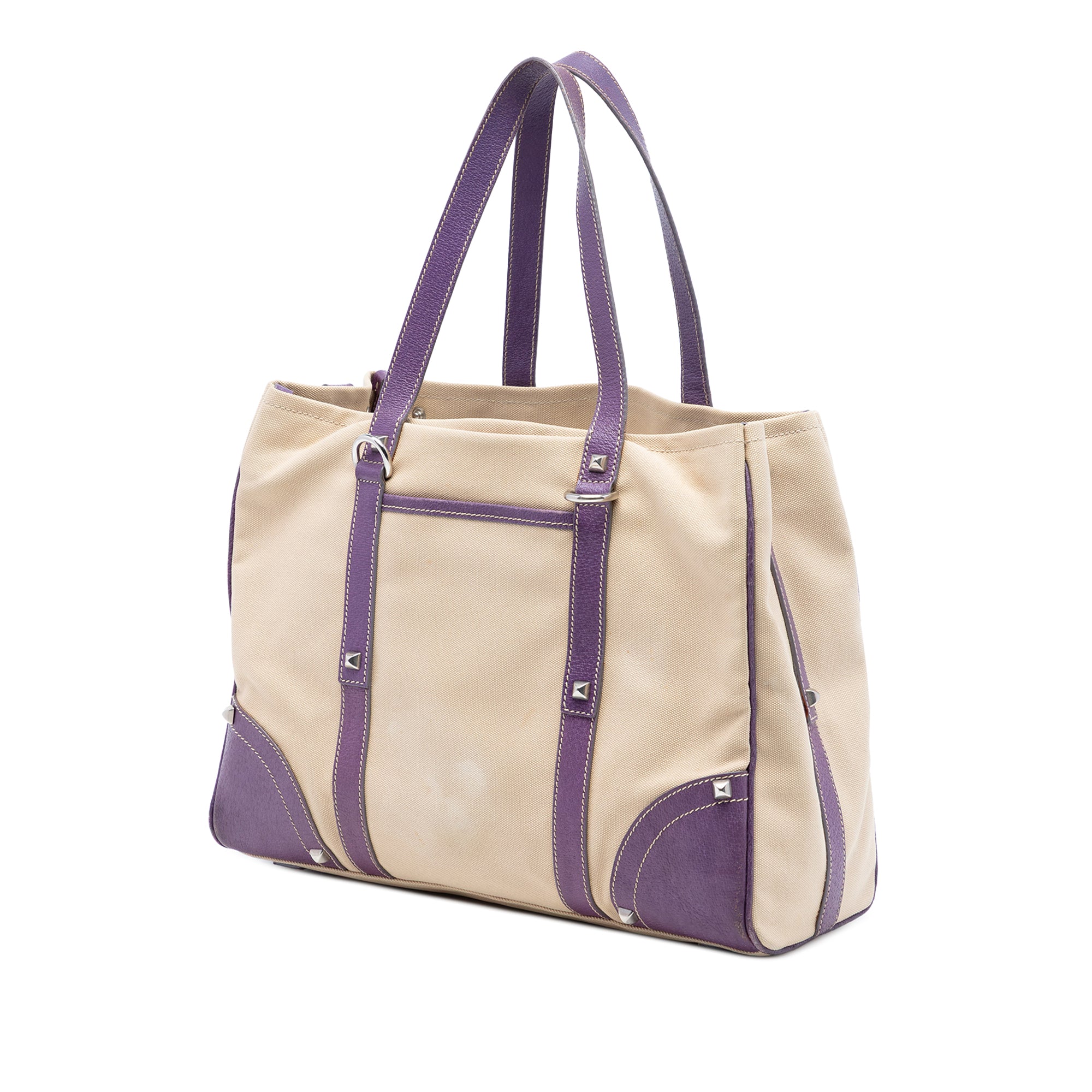 Studded Leather Trimmed Canvas Front Pocket Tote - Image 2