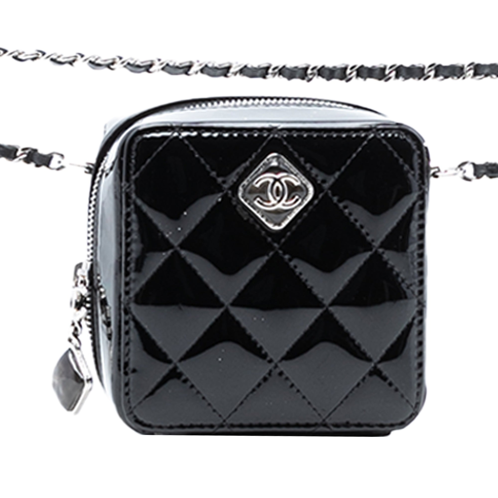 CC Quilted Patent Diamond Resin Clutch With Chain - Image 7