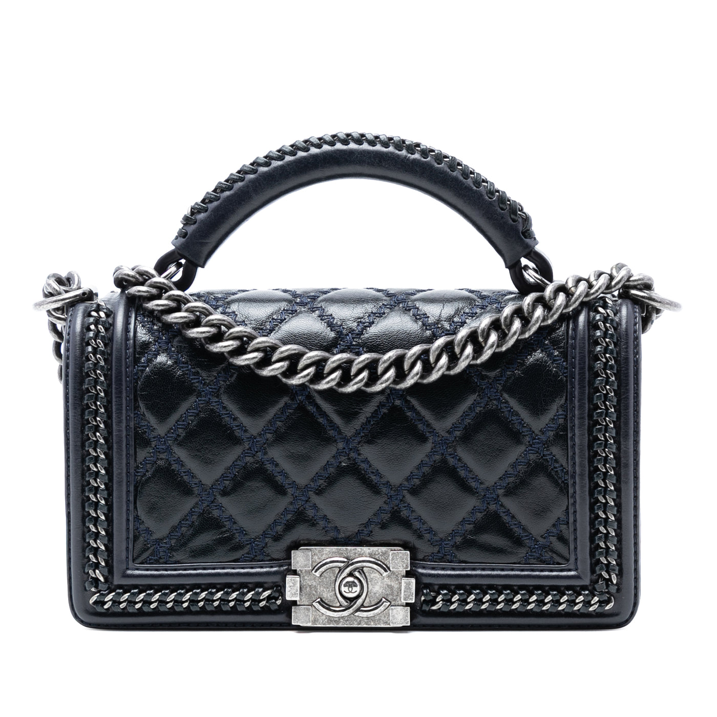 Old Medium Quilted Calfskin Whipstitch Chain Around Boy Top Handle Flap - Image 1