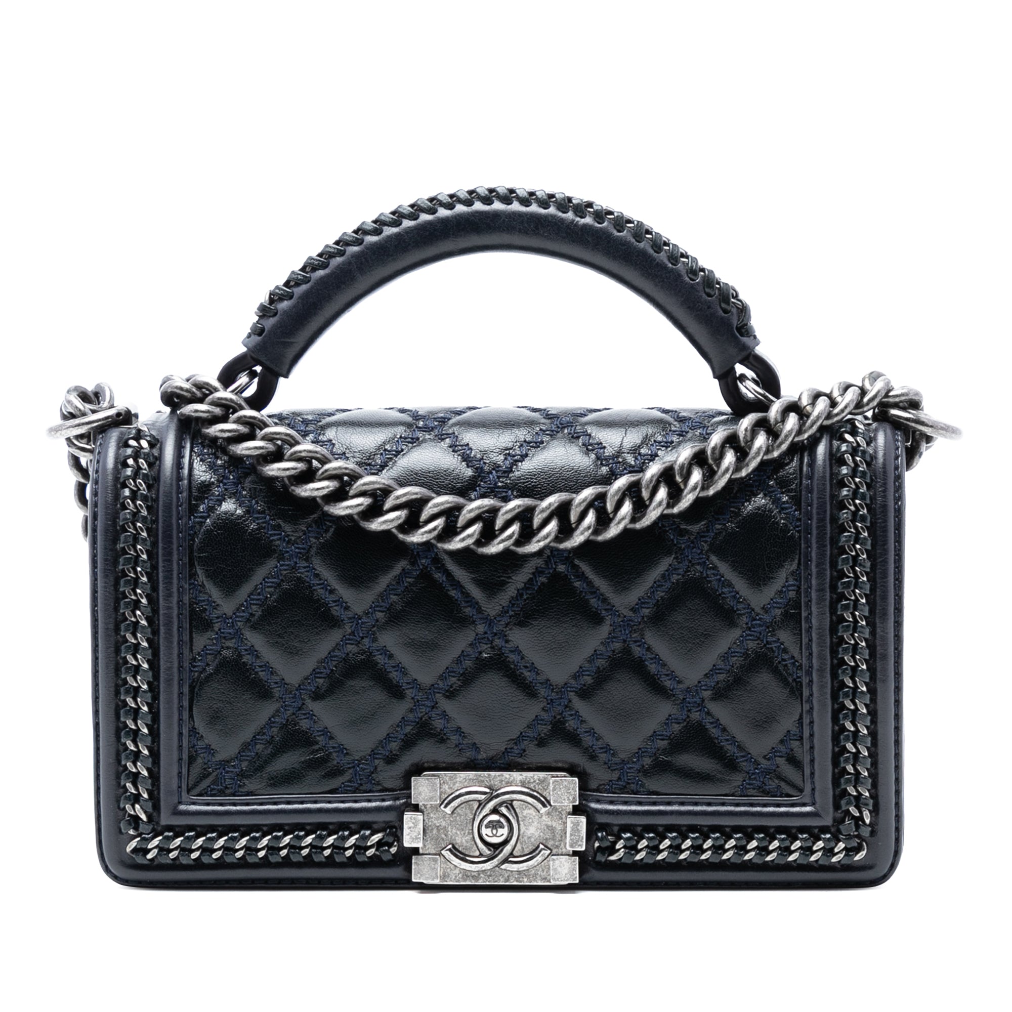 Old Medium Quilted Calfskin Whipstitch Chain Around Boy Top Handle Flap - Image 1