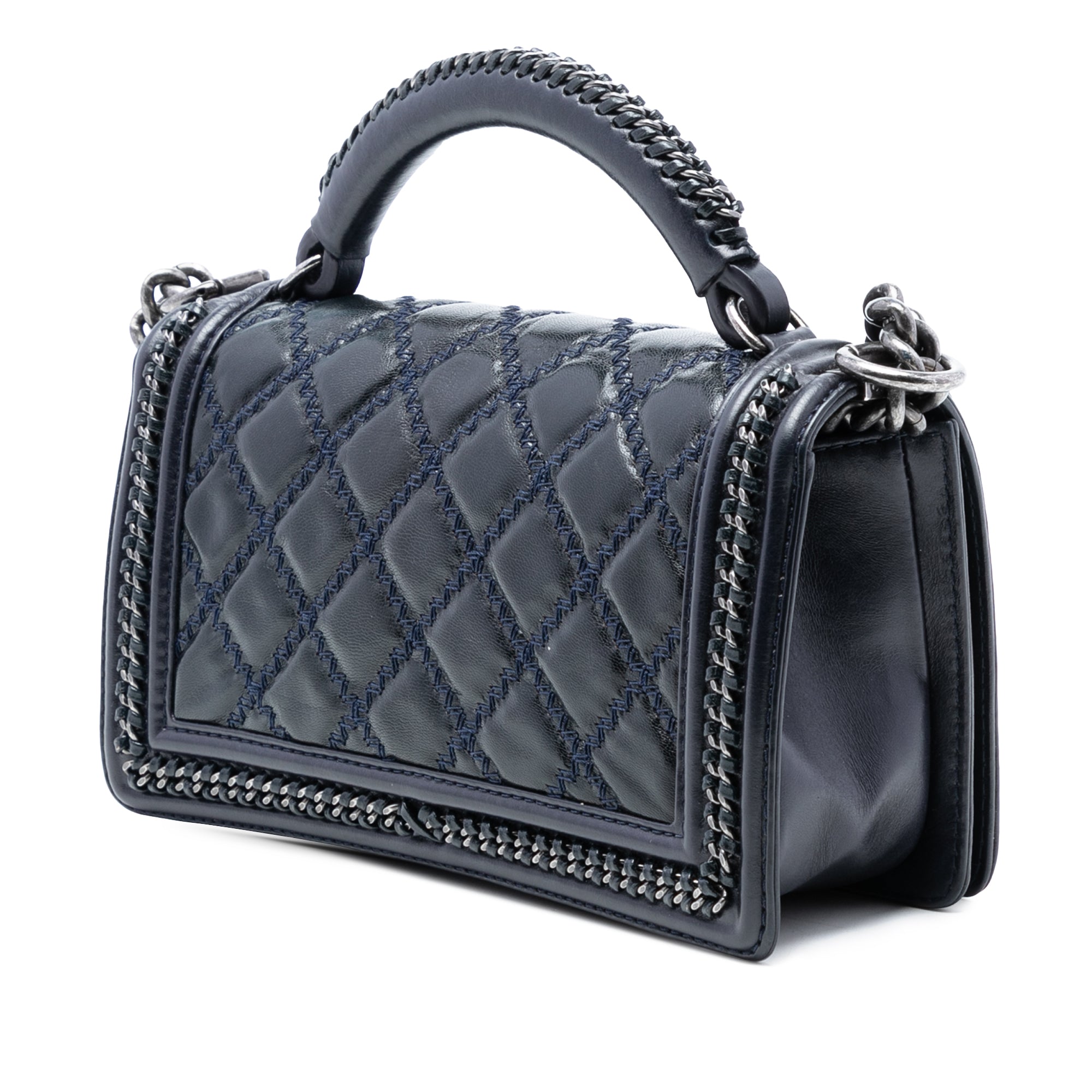Old Medium Quilted Calfskin Whipstitch Chain Around Boy Top Handle Flap - Image 2