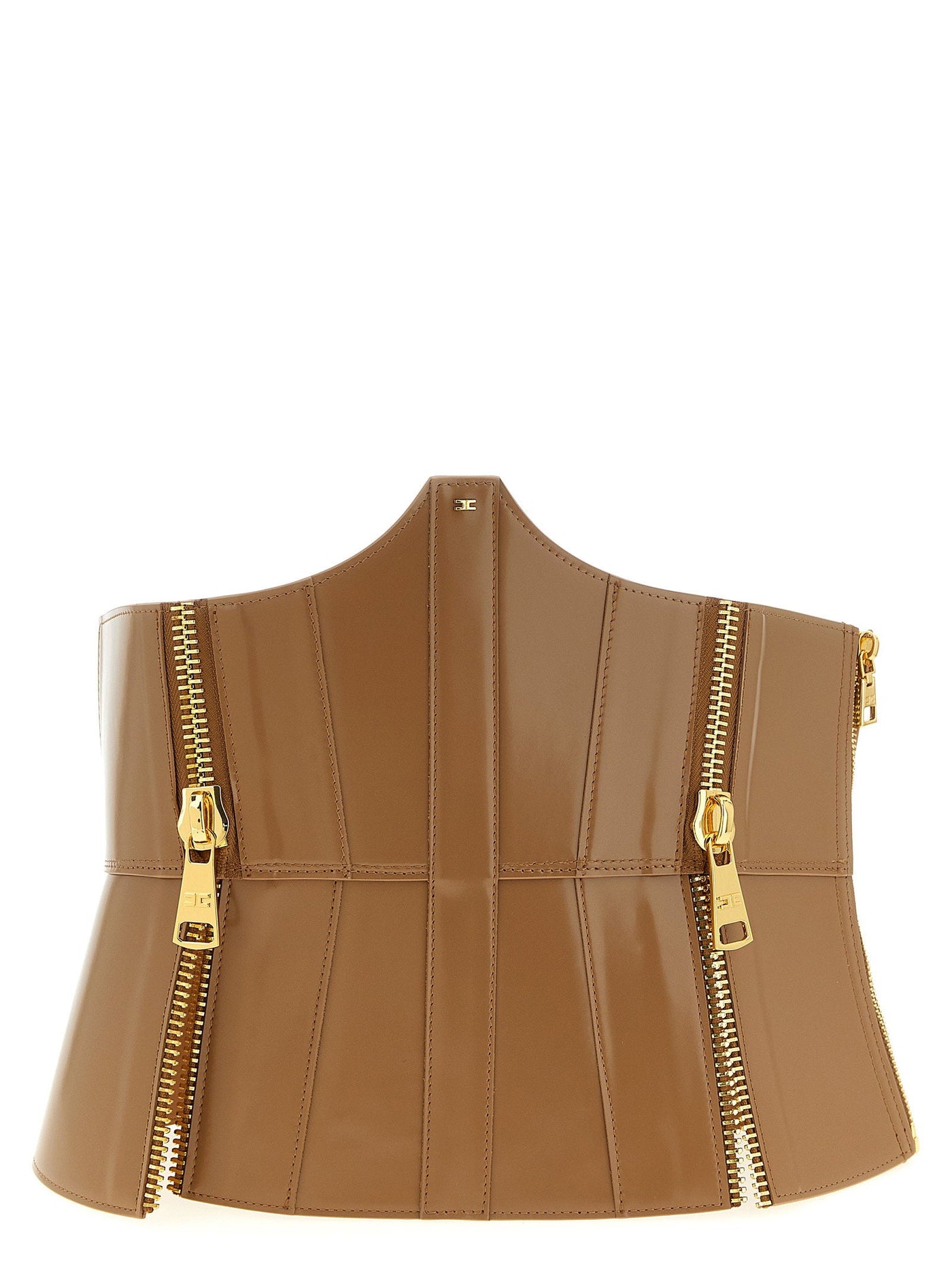 Elisabetta Franchi Corset-Style Leather Bustier Belt — Camel With Varnished Finish