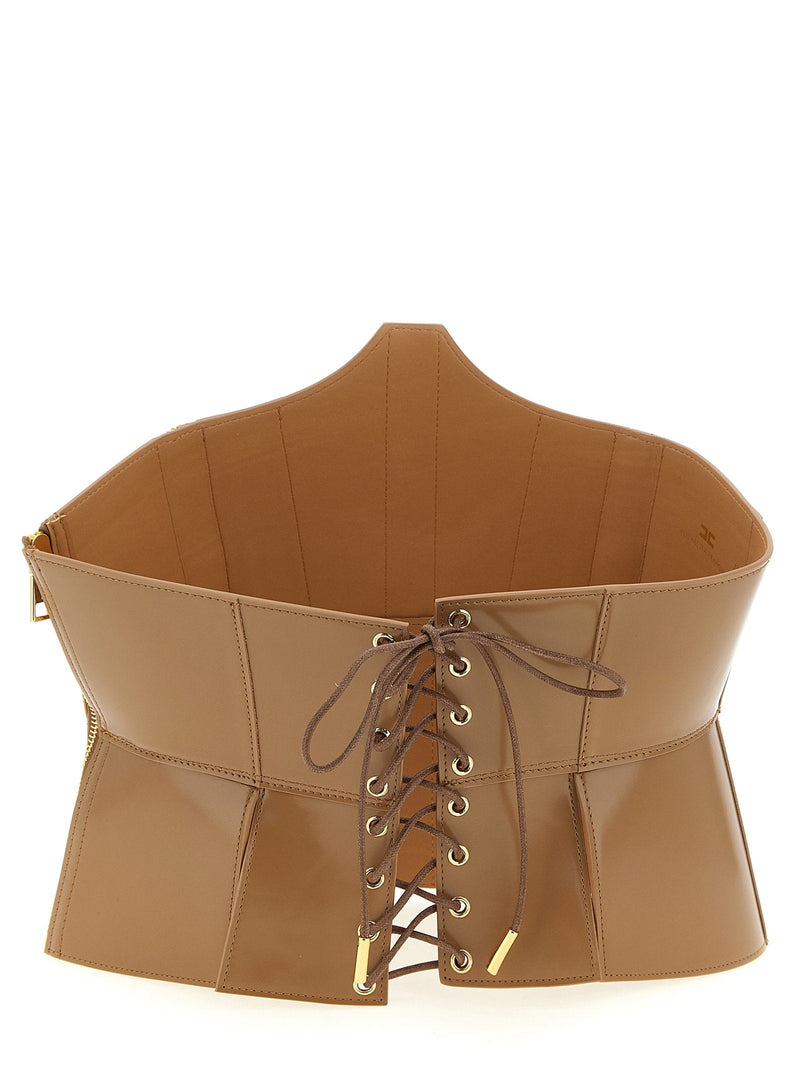 Elisabetta Franchi Corset-Style Leather Bustier Belt — Camel With Varnished Finish