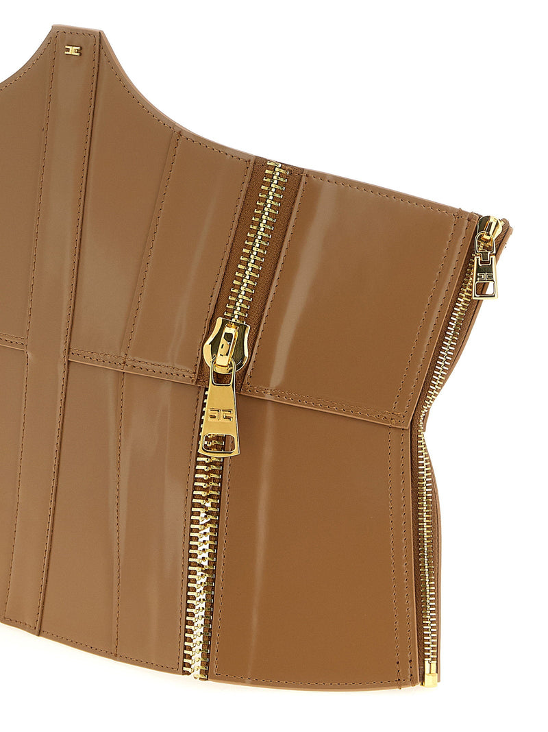 Elisabetta Franchi Corset-Style Leather Bustier Belt — Camel With Varnished Finish