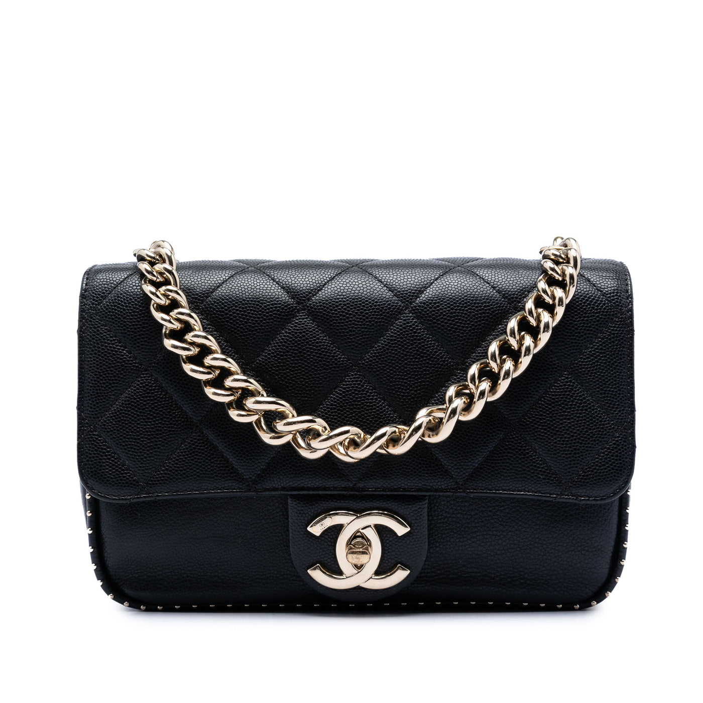 Small CC Quilted Caviar Studded Single Flap - Image 1