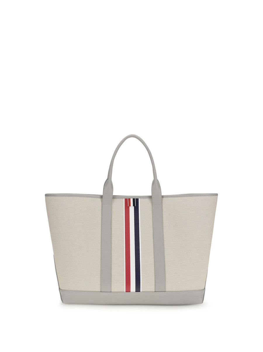 Thom Browne Canvas With Leather Trim Tote Bag — Beige