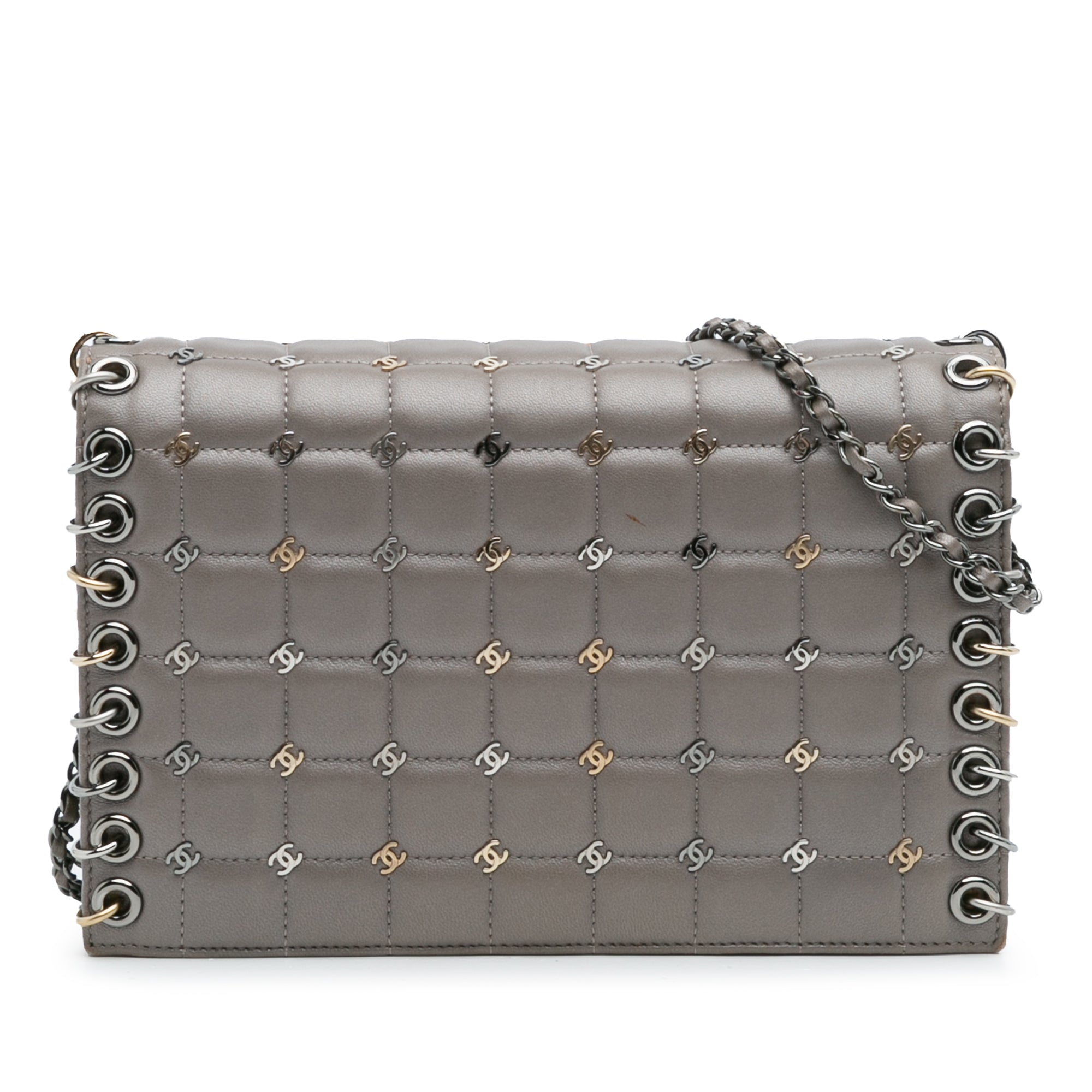 Small Lambskin Chocolate Bar CC Piercing Studded Chain Flap - Image 1