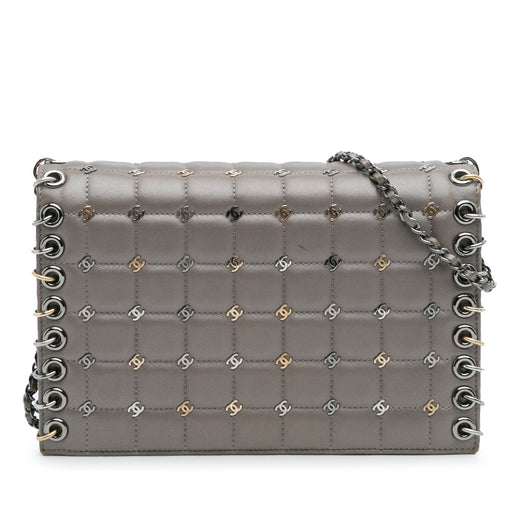 Small Lambskin Chocolate Bar CC Piercing Studded Chain Flap - Image 1