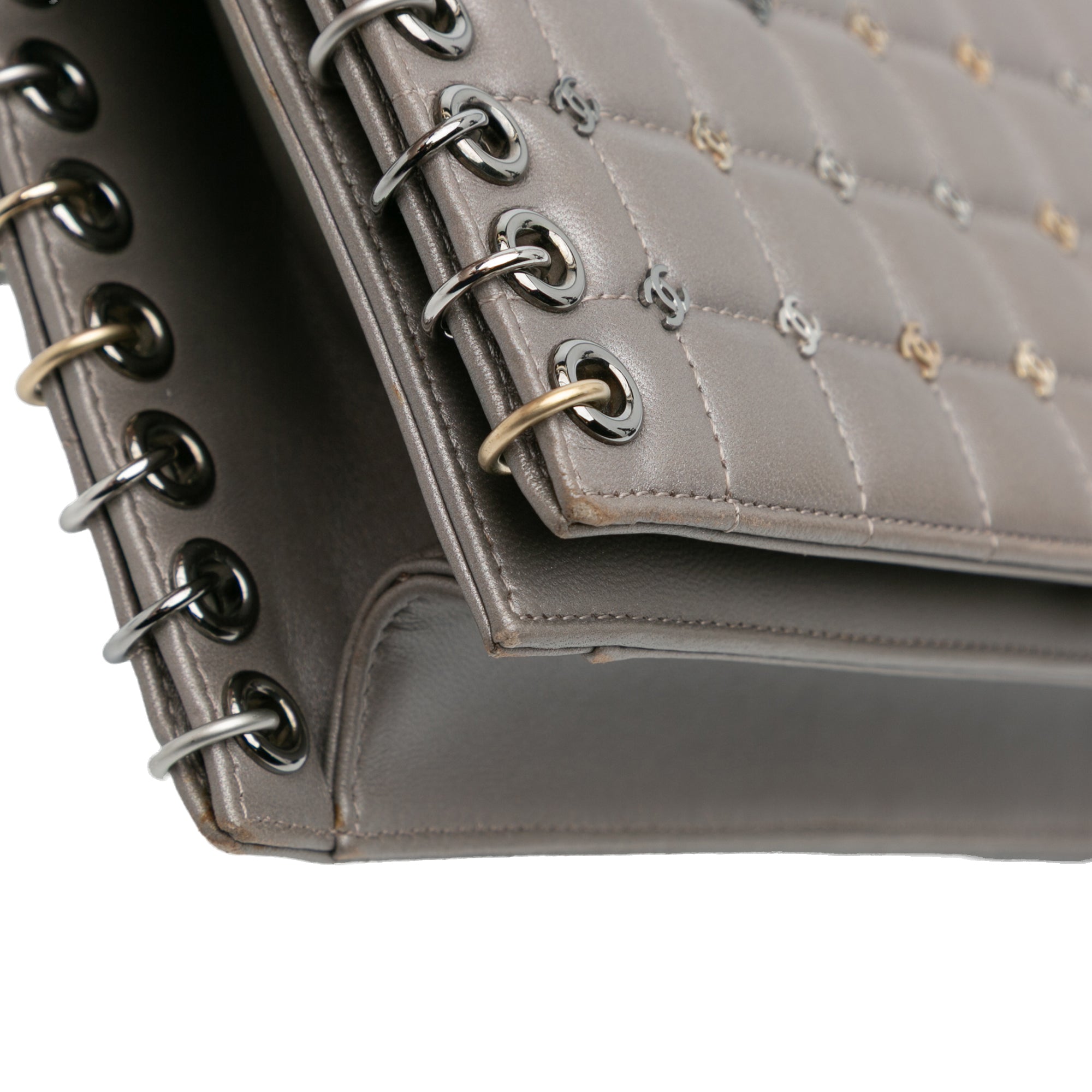 Small Lambskin Chocolate Bar CC Piercing Studded Chain Flap - Image 10