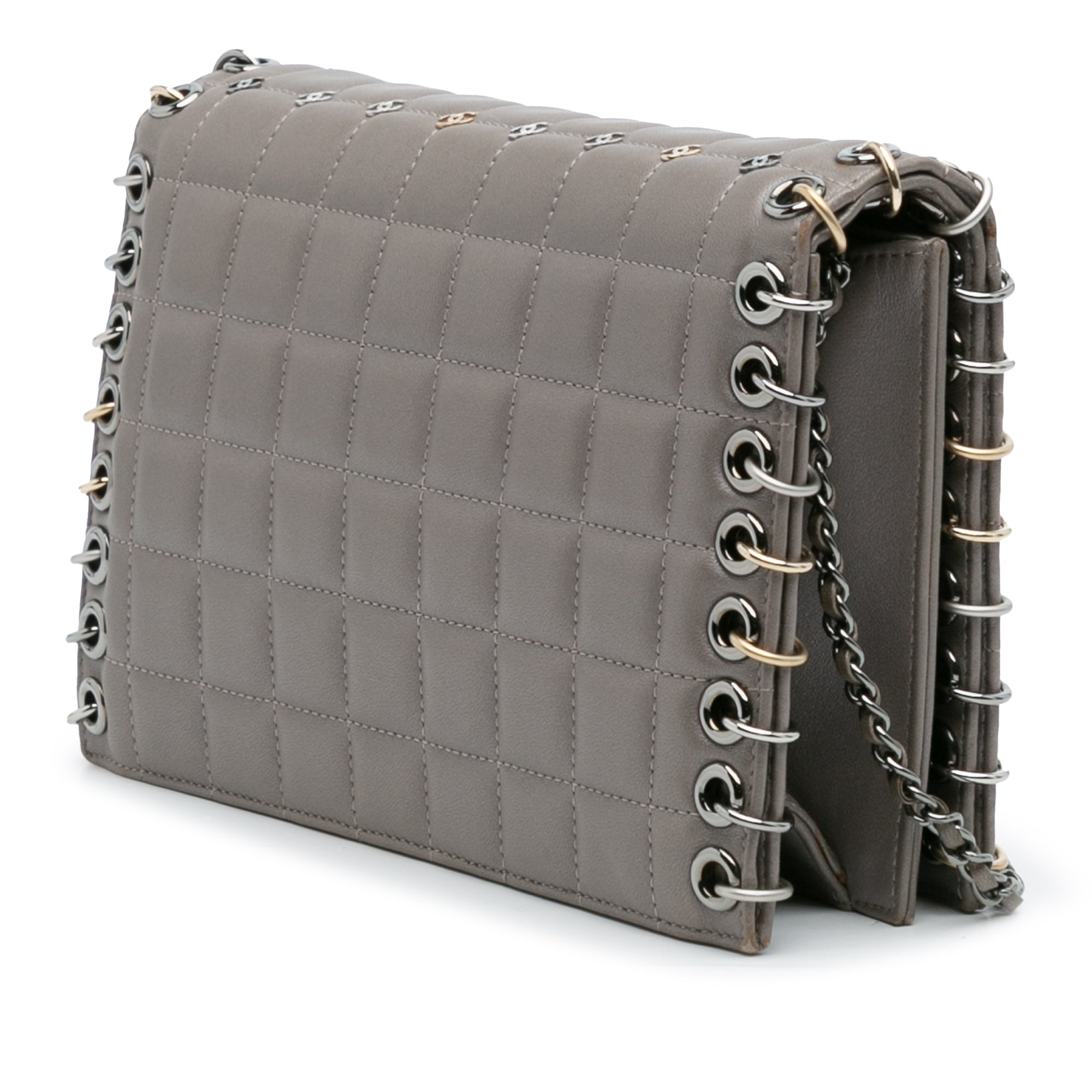Small Lambskin Chocolate Bar CC Piercing Studded Chain Flap - Image 2