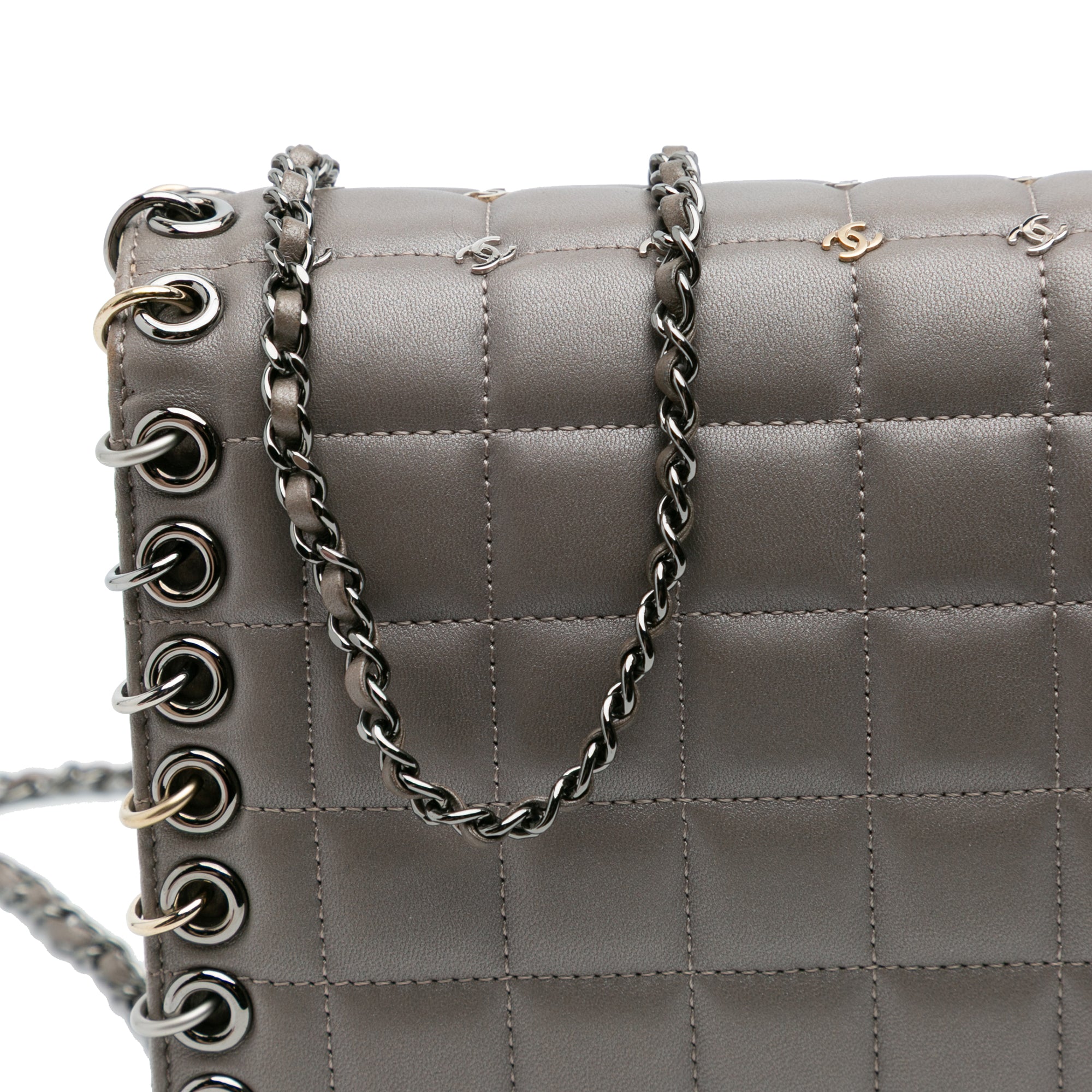 Small Lambskin Chocolate Bar CC Piercing Studded Chain Flap - Image 8