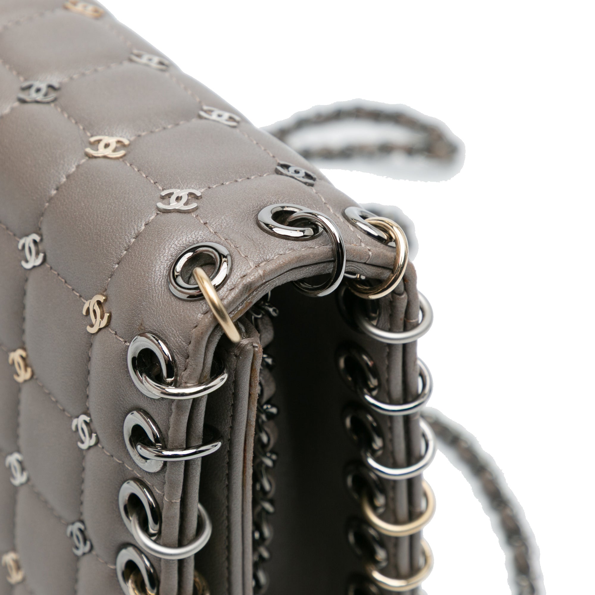 Small Lambskin Chocolate Bar CC Piercing Studded Chain Flap - Image 9