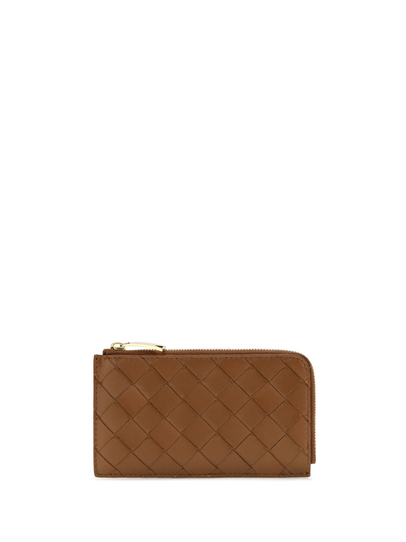 Bottega Veneta Intrecciato Zip Card Holder — Brown Lambskin Leather Wallet