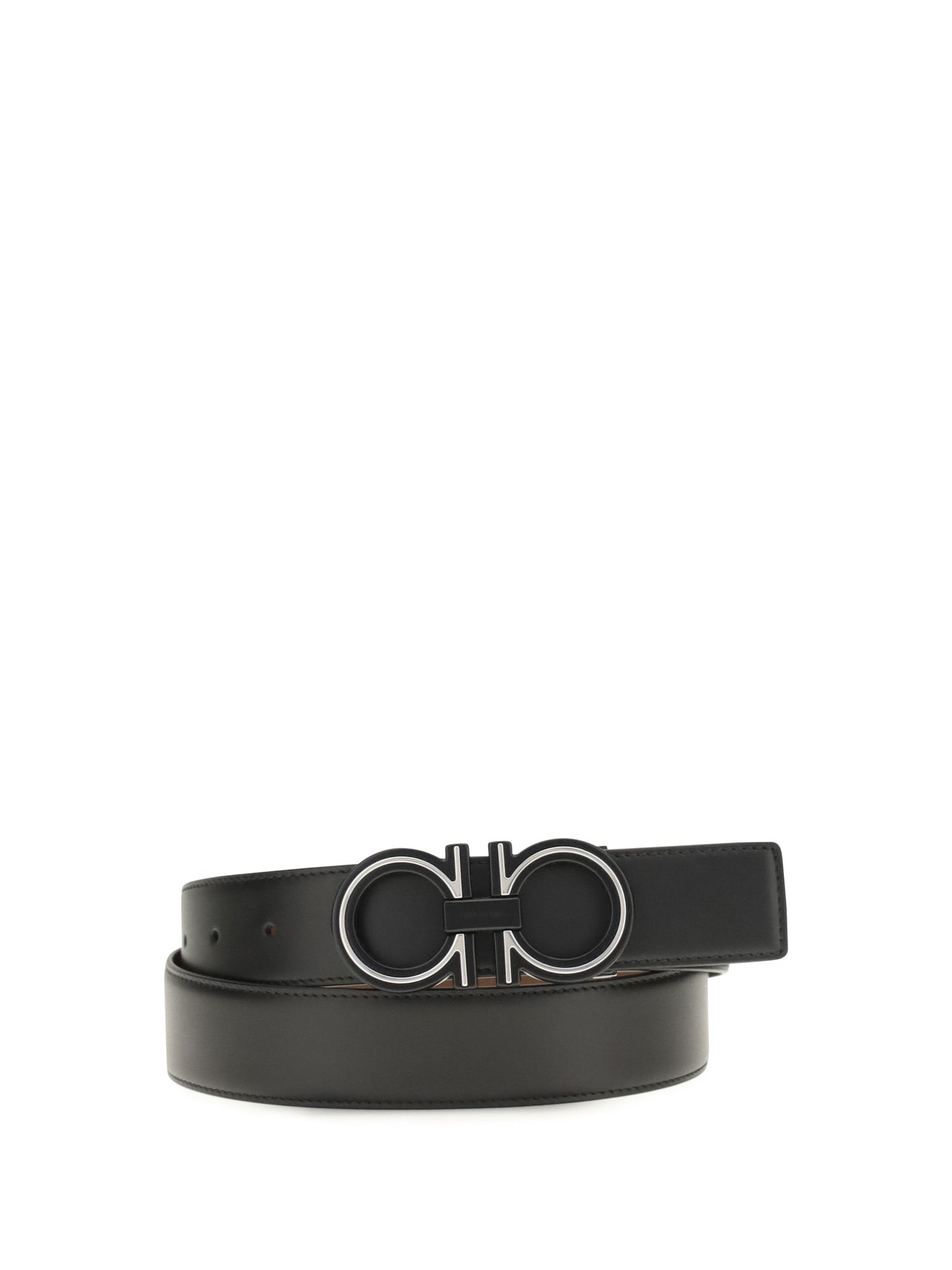 Ferragamo Gancini Buckle Reversible Leather Belt — Black Calf Bos Taurus