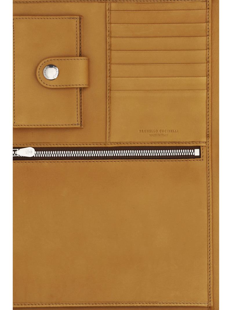 Brunello Cucinelli Calf Leather Zip-Around Travel Wallet — Beige