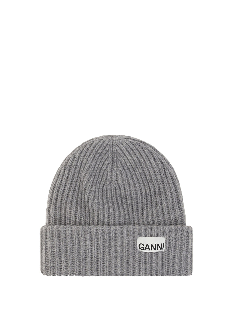 Ganni A4429 Ribbed Wool Beanie — Gray Ovis Aries; Nylon Beanies