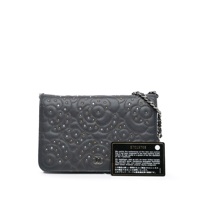 CC Studded Lambskin Camellia Wallet On Chain - Image 11