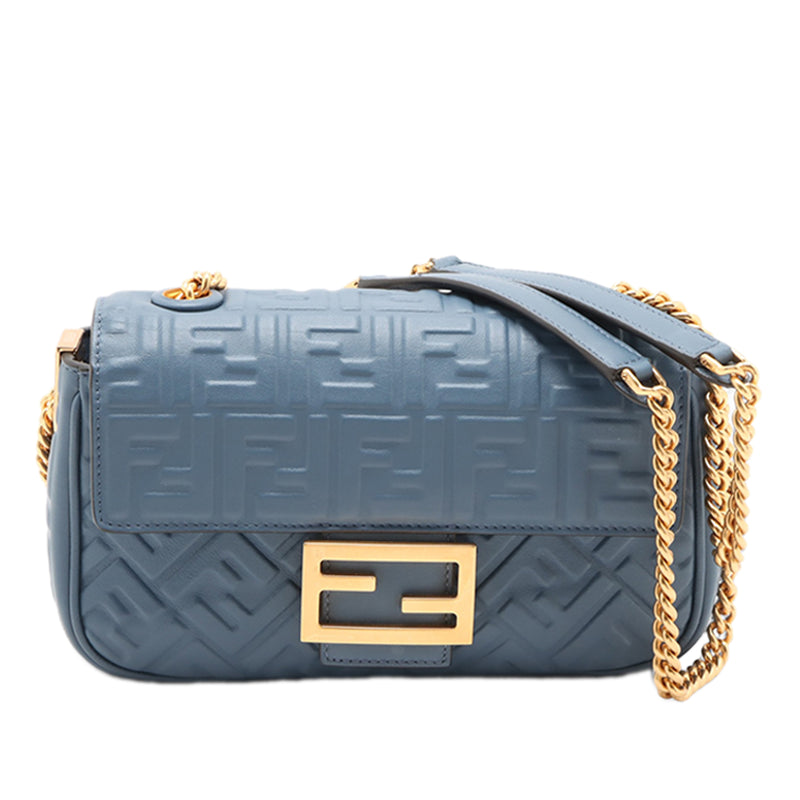 Small FF Nappa Embossed Chain Midi Baguette